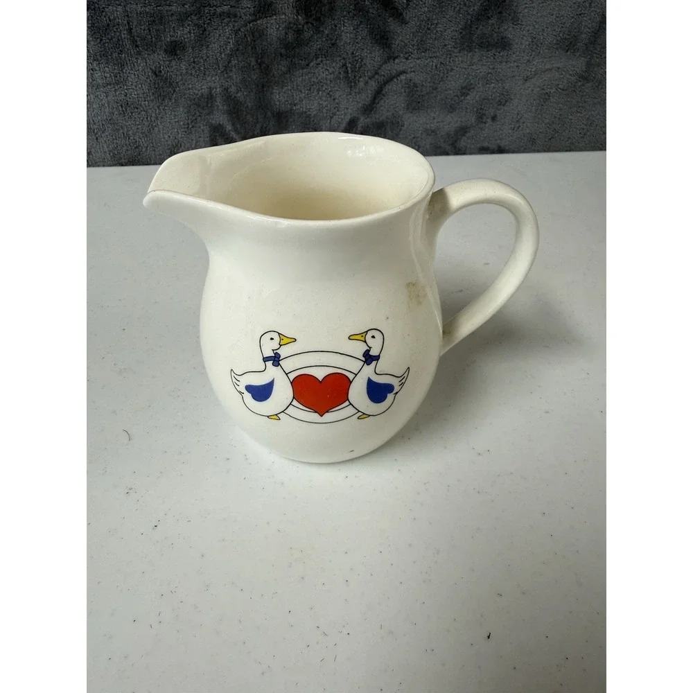 Vtg 1980s Country Porcelain Pitcher Geese Red Heart Blue Ribbon Creamer